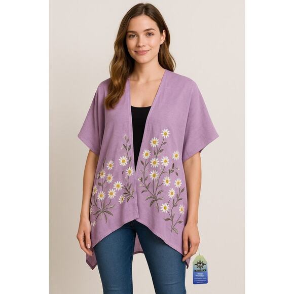 HappyLife Lilac Embroidered Daisies Kimono Cardigan One Size Boho Wrap - Picture 1 of 10